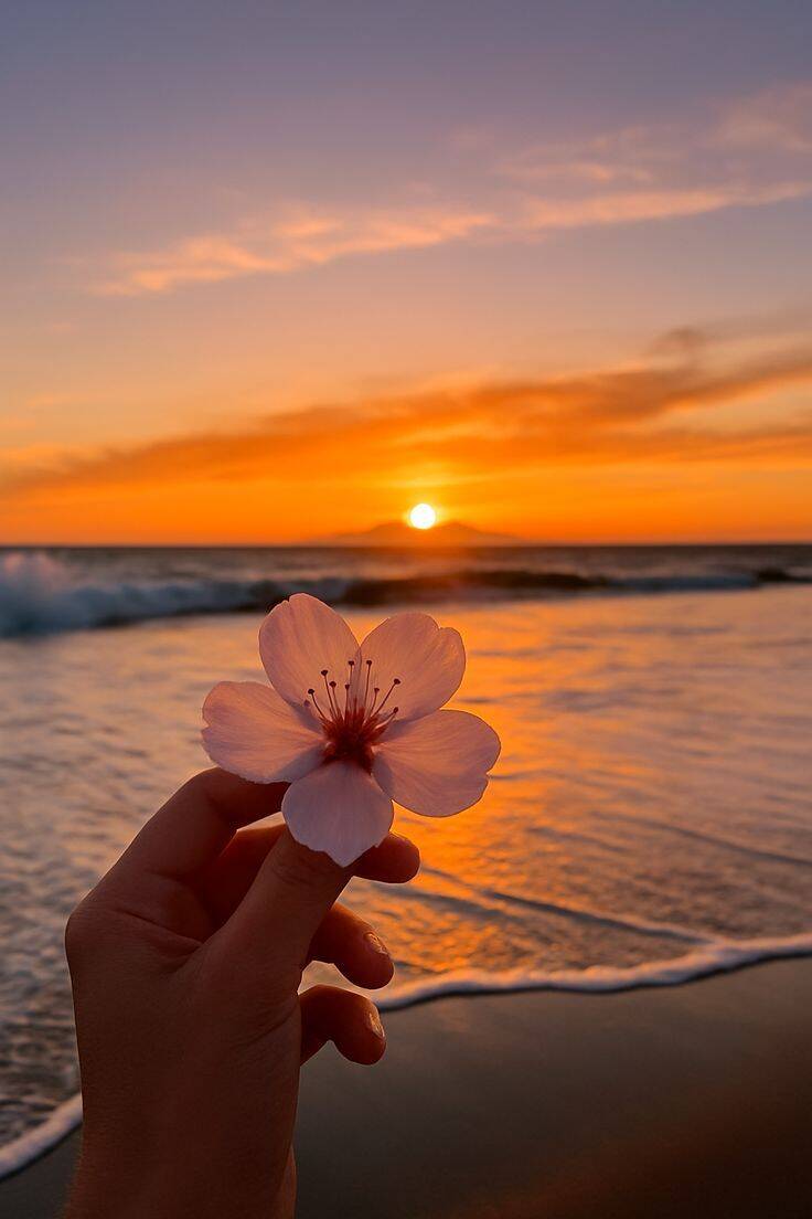 Aesthetic pfp Profile Picture with Flower and Sunset at the Beach