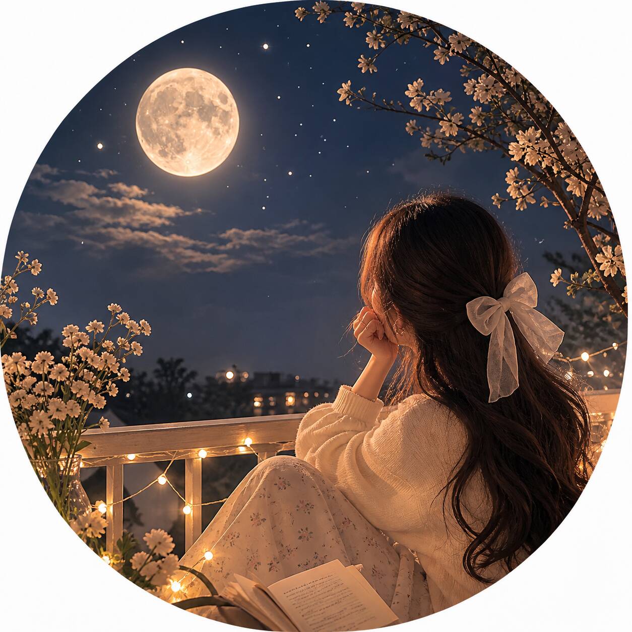 Aesthetic pfp Profile Picture with Full Moon and Flowers