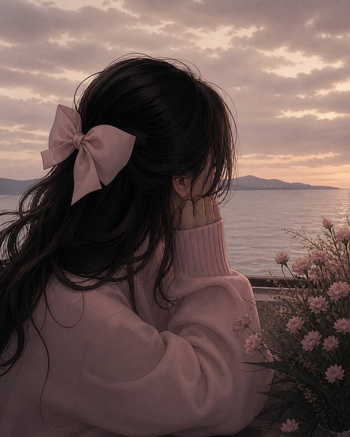 Aesthetic pfp Profile Picture with Loose Hair and Pink Bow at Sunset