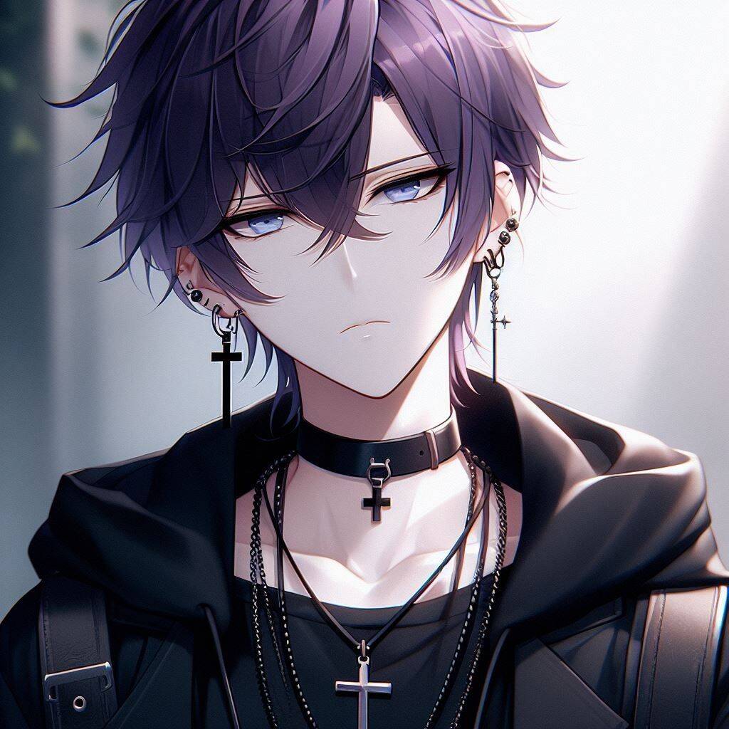 Anime Boy pfp Profile Picture with Purple Hair and Cross Necklace