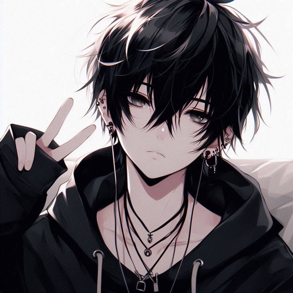 Anime Boy pfp Profile Picture with Black Hair and Peace Symbol