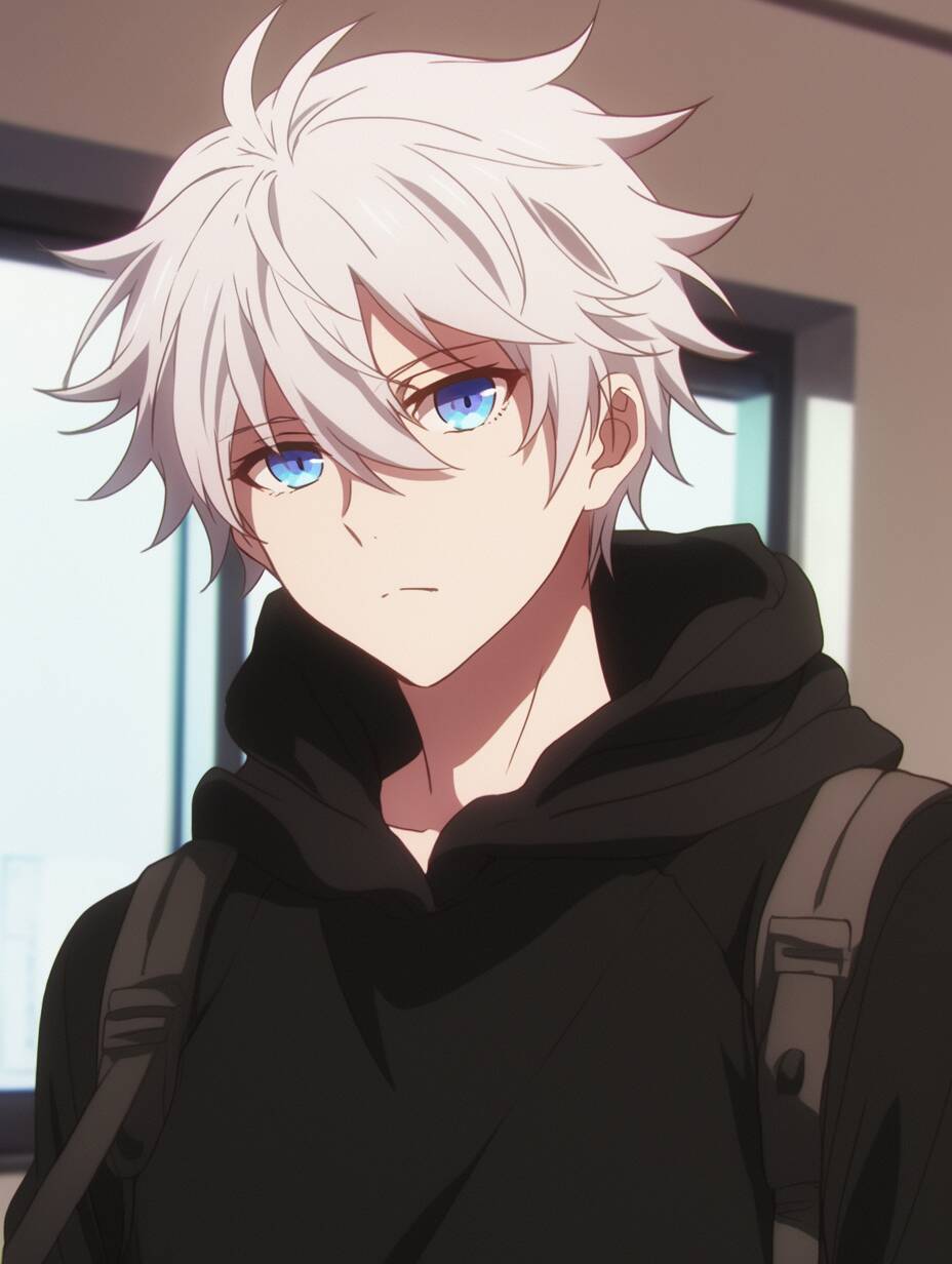 Anime Boy pfp Profile Picture with White Hair and Black Hoodie