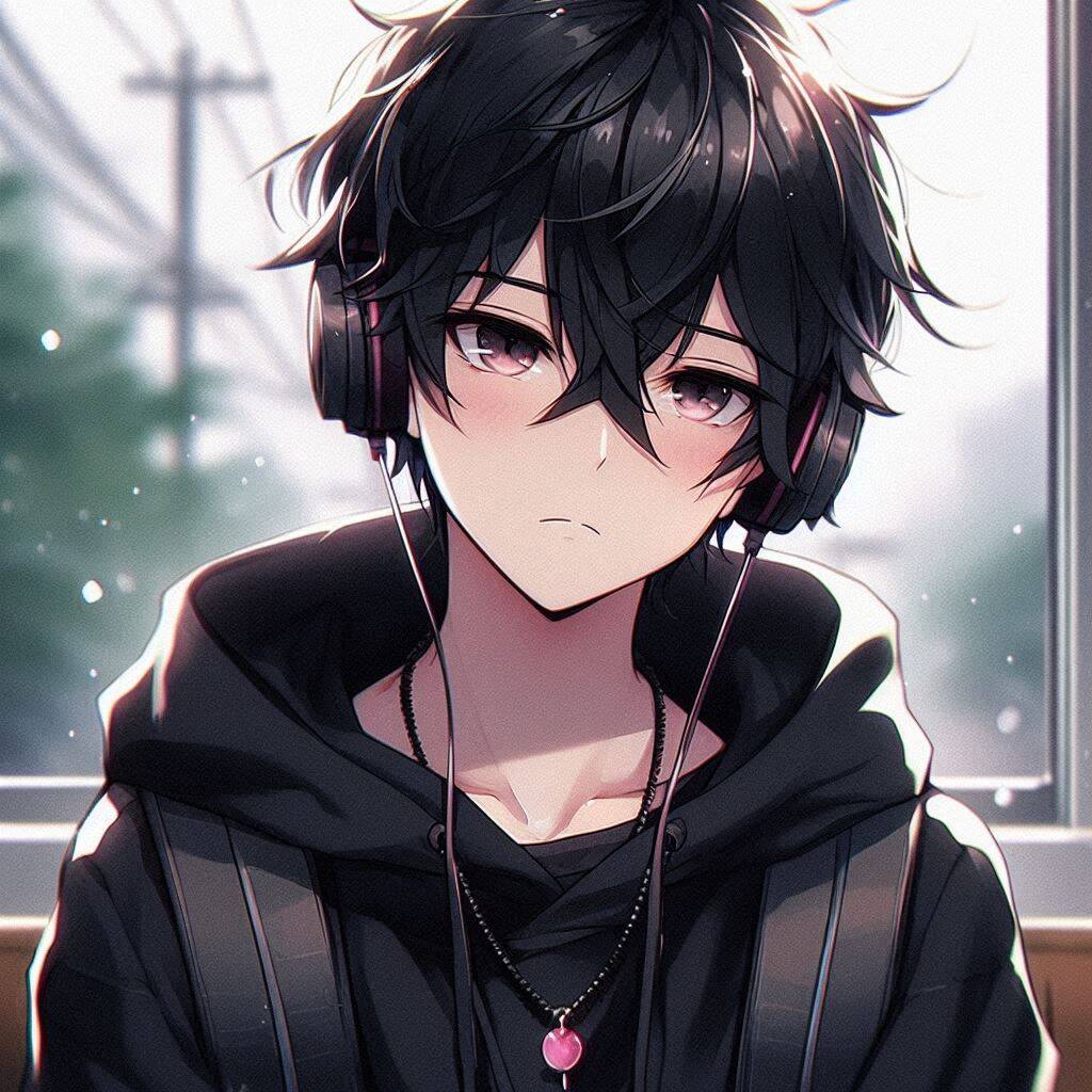 Anime Boy with Headphones and Black Hair pfp Profile Picture