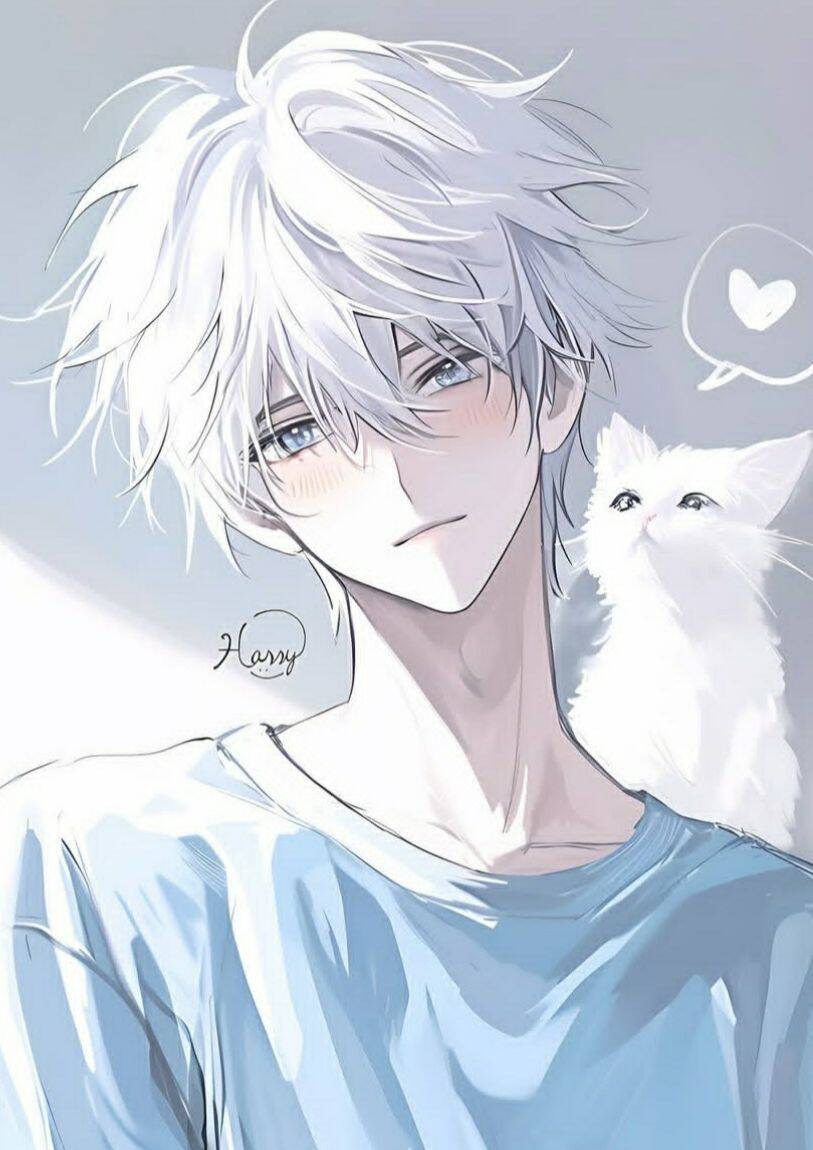 Anime Boy with White Hair and Cat pfp Profile Picture