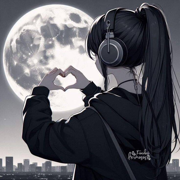 Cute and Adorable Pfp Profile Picture of Girl with Headphones and Heart on Moon