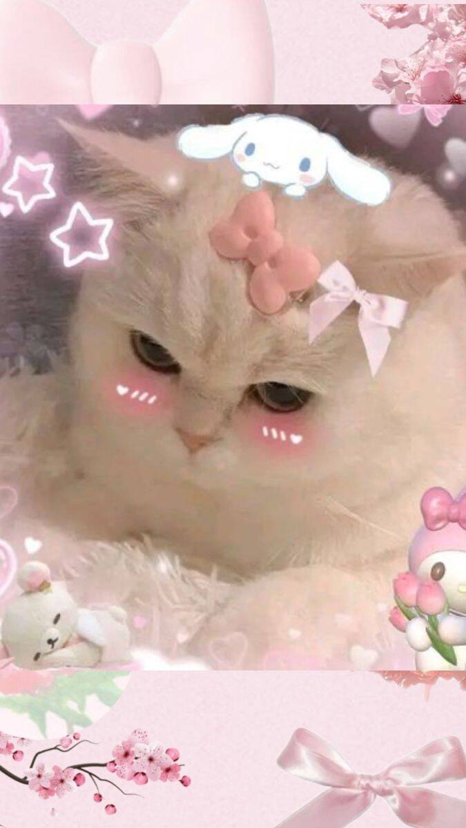 Cute Cat pfp Profile Picture with Pink Bow and Aesthetic Effects
