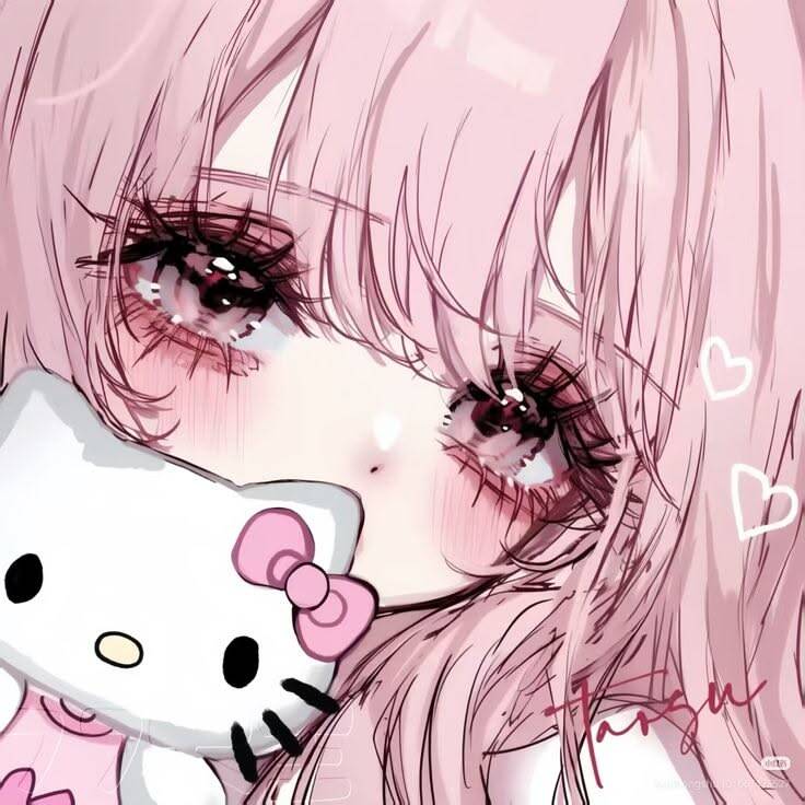 Cute Hello Kitty pfp Profile Picture with Pink Hair and Bear