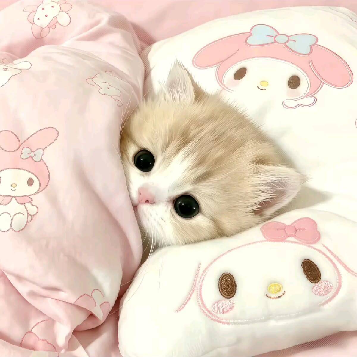 Cute Kitten pfp Profile Picture with Big Eyes on Pink Bed