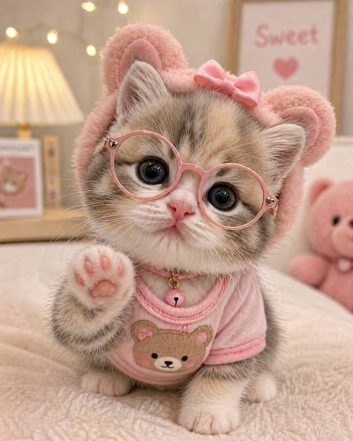 Cute Kitten pfp Profile Picture with Glasses and Pink Bow
