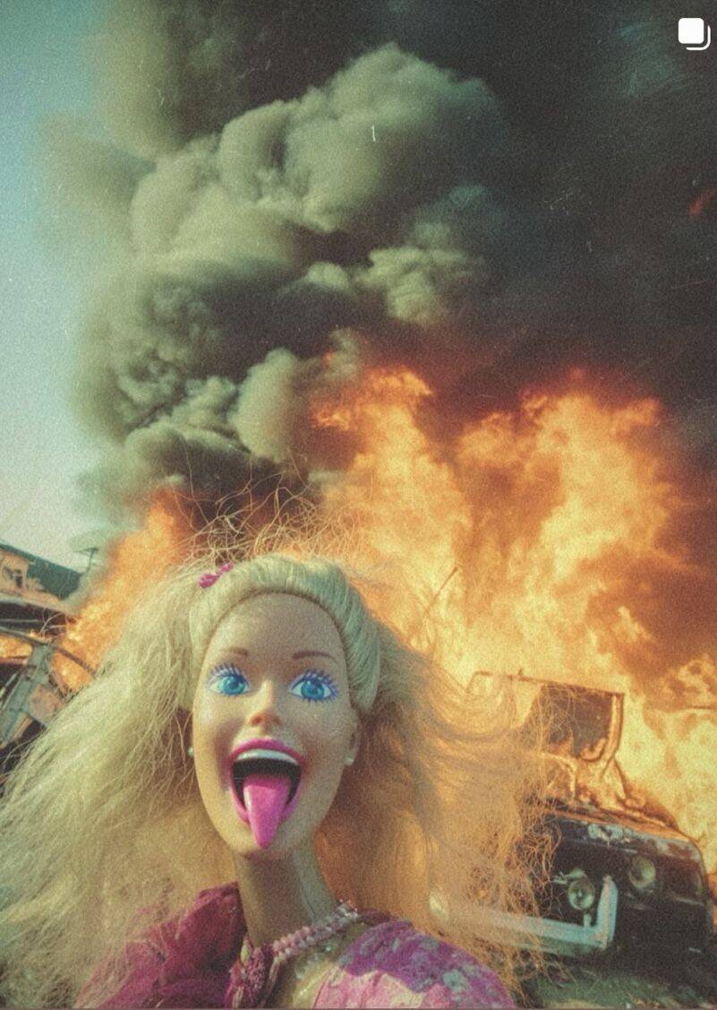 Funny pfp Profile Picture of Doll with Fire in Background