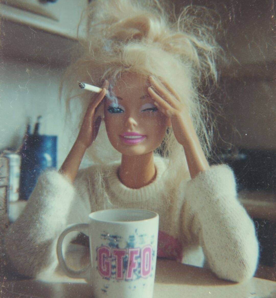 Funny pfp Profile Picture of Doll with Coffee and Cigarette