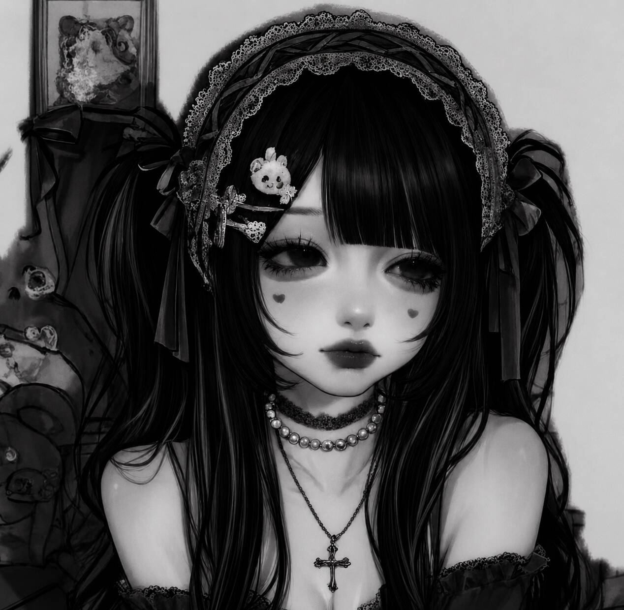 Emo Girl pfp Profile Picture with Black Hair and Bows