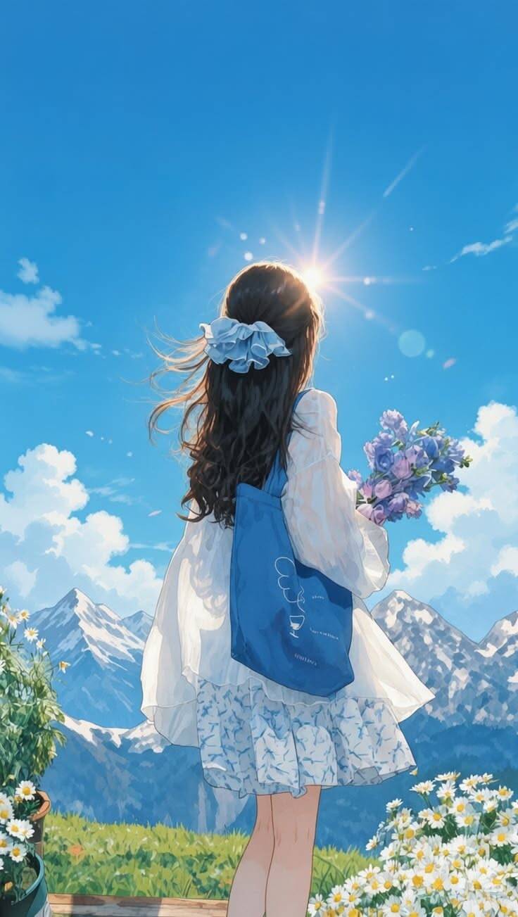 Aesthetic pfp Profile Picture of Girl with Flowers and Mountains
