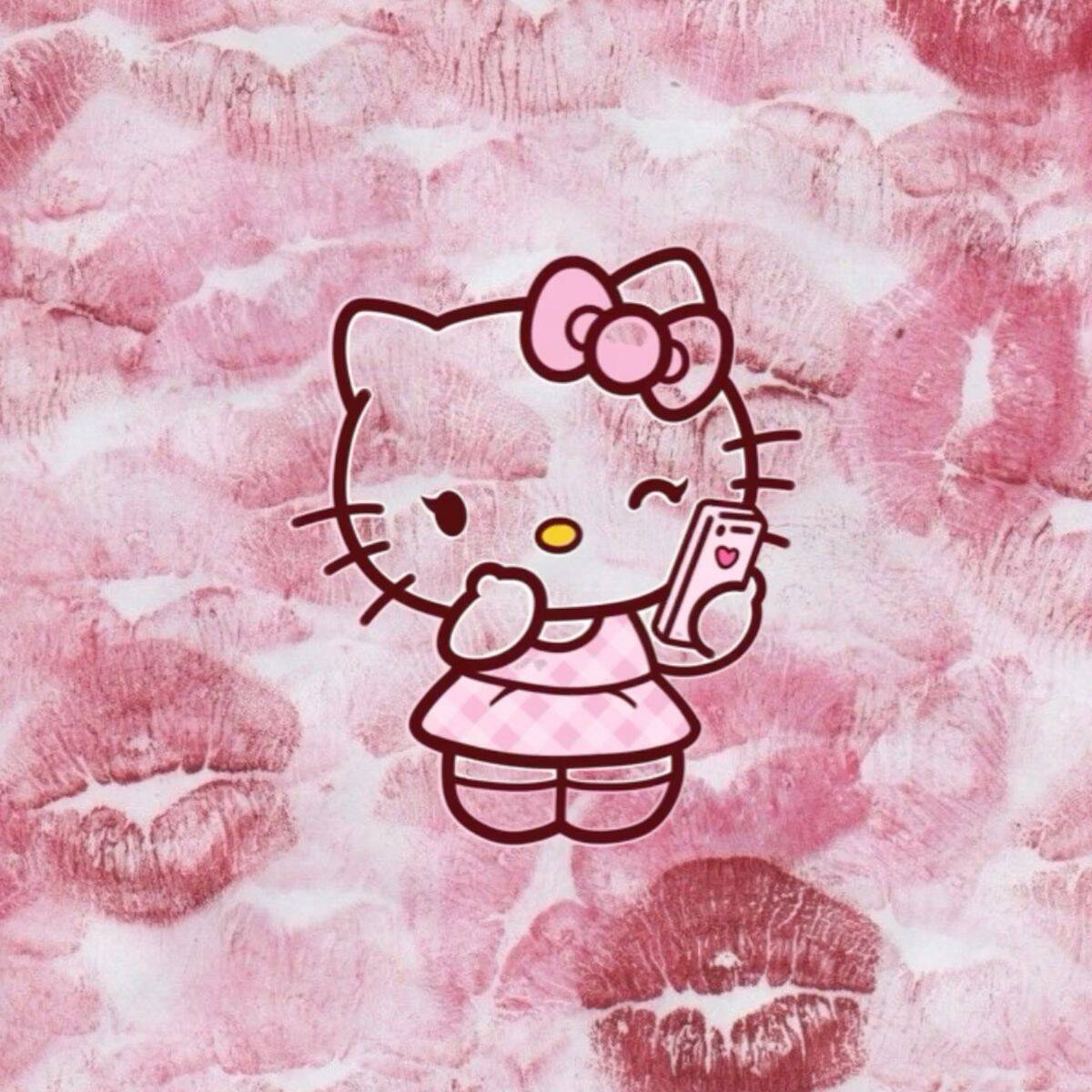 Funny Hello Kitty pfp Profile Picture with Phone and Pink Bow