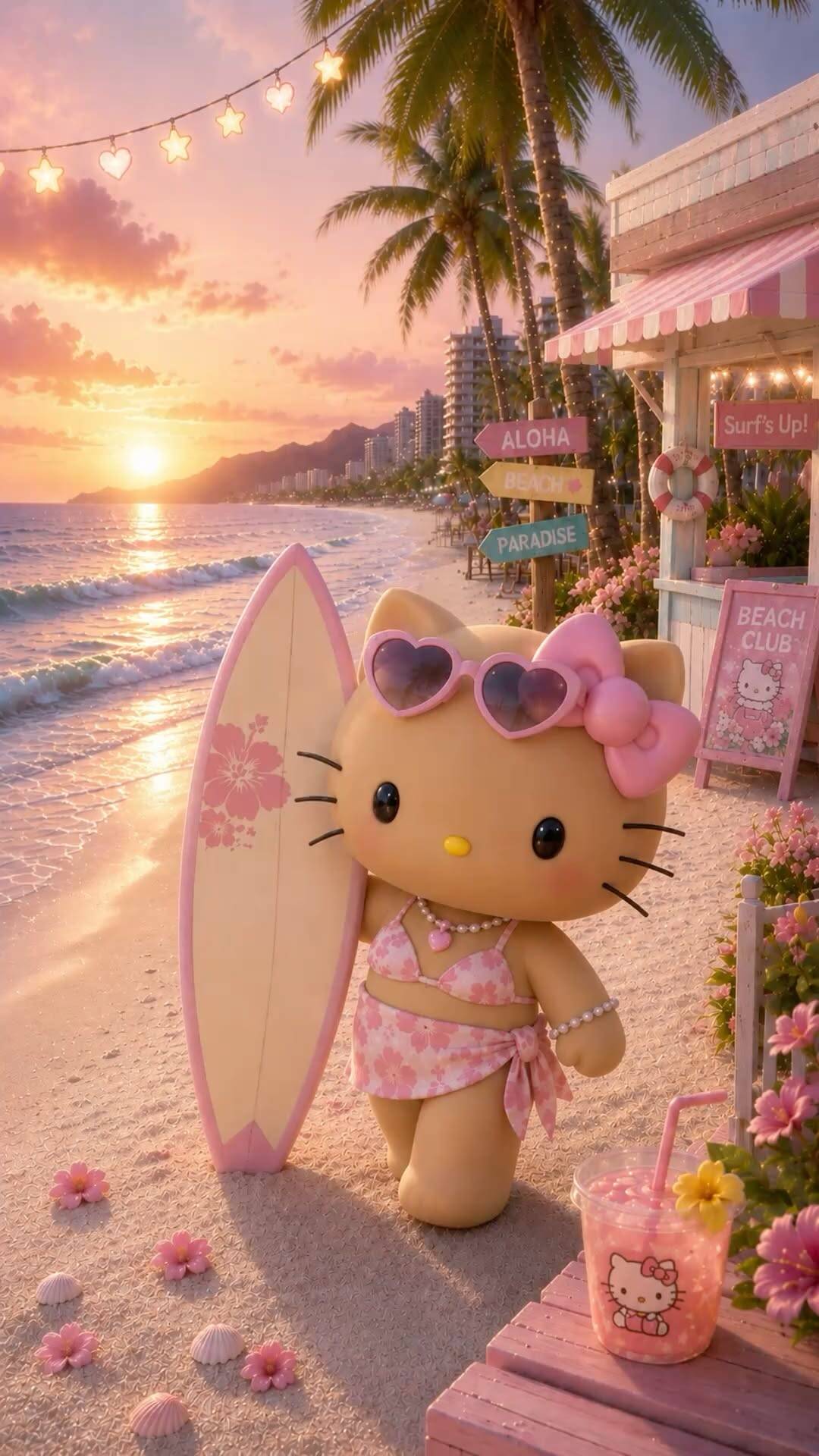 Cute Hello Kitty pfp Profile Picture at the Beach with Sunglasses and Surfboard