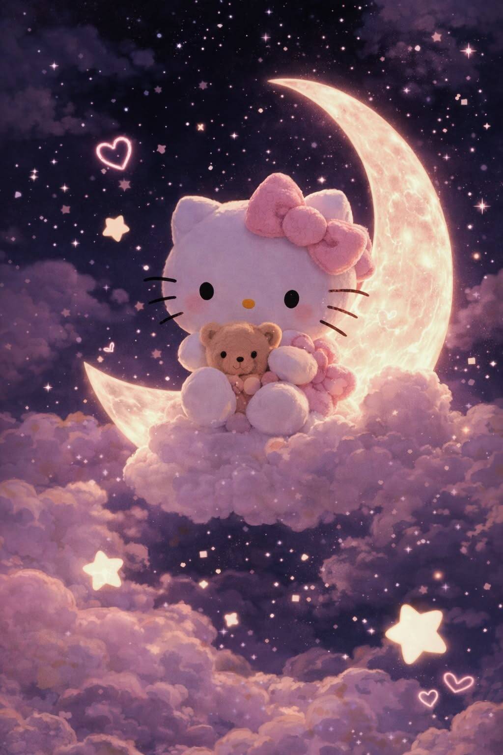 Cute Hello Kitty pfp Profile Picture with Bear on the Moon