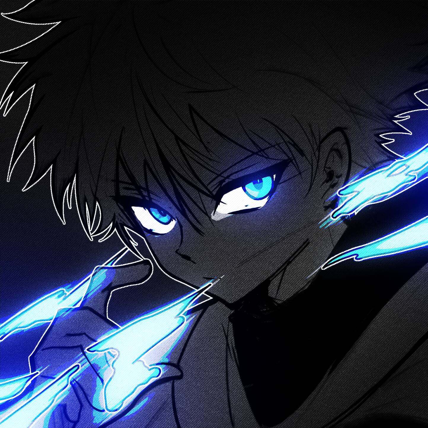 Purple pfp Profile Picture of Killua with Blue Eyes and Lightning Aura