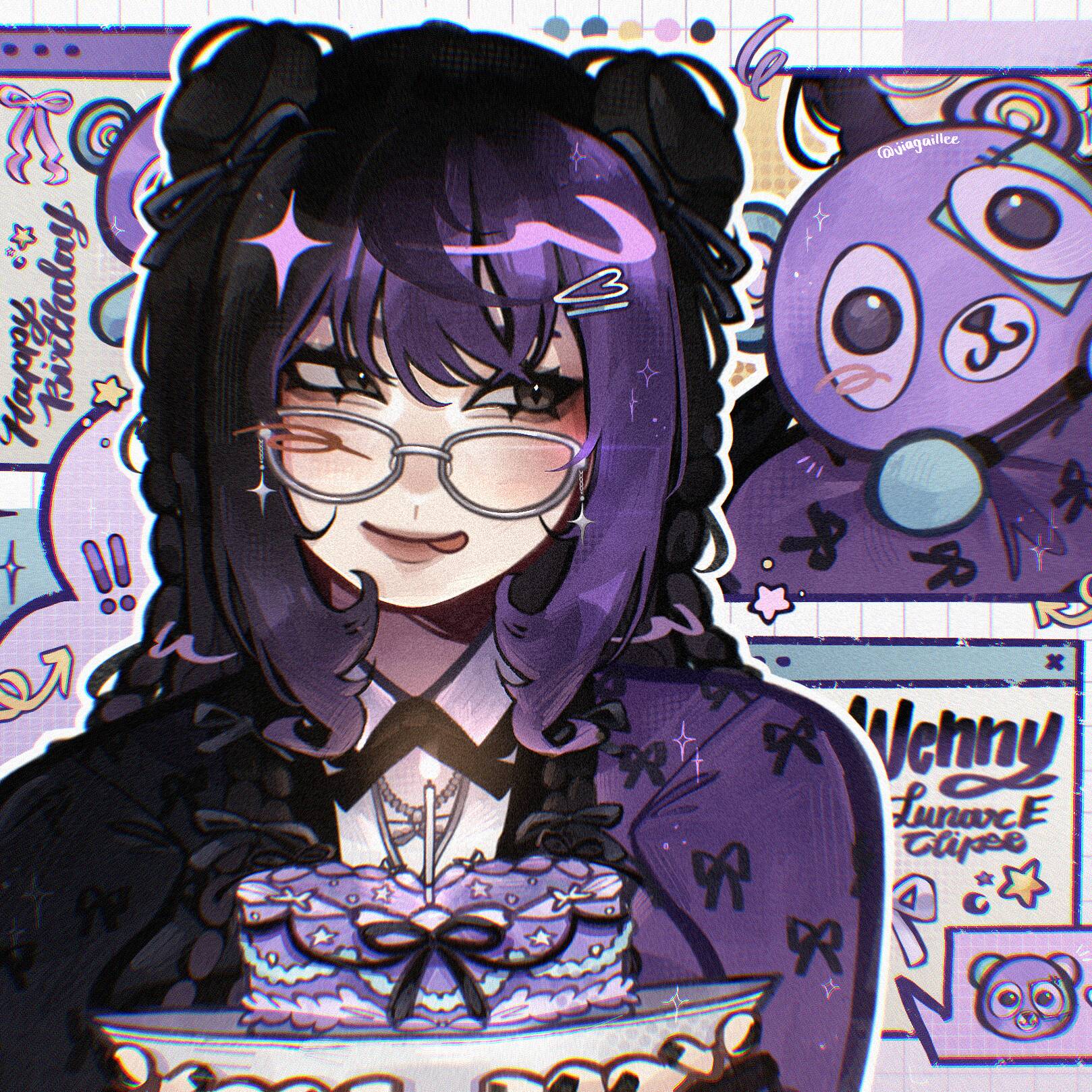 Purple pfp Profile Picture of Girl with Glasses and Cake