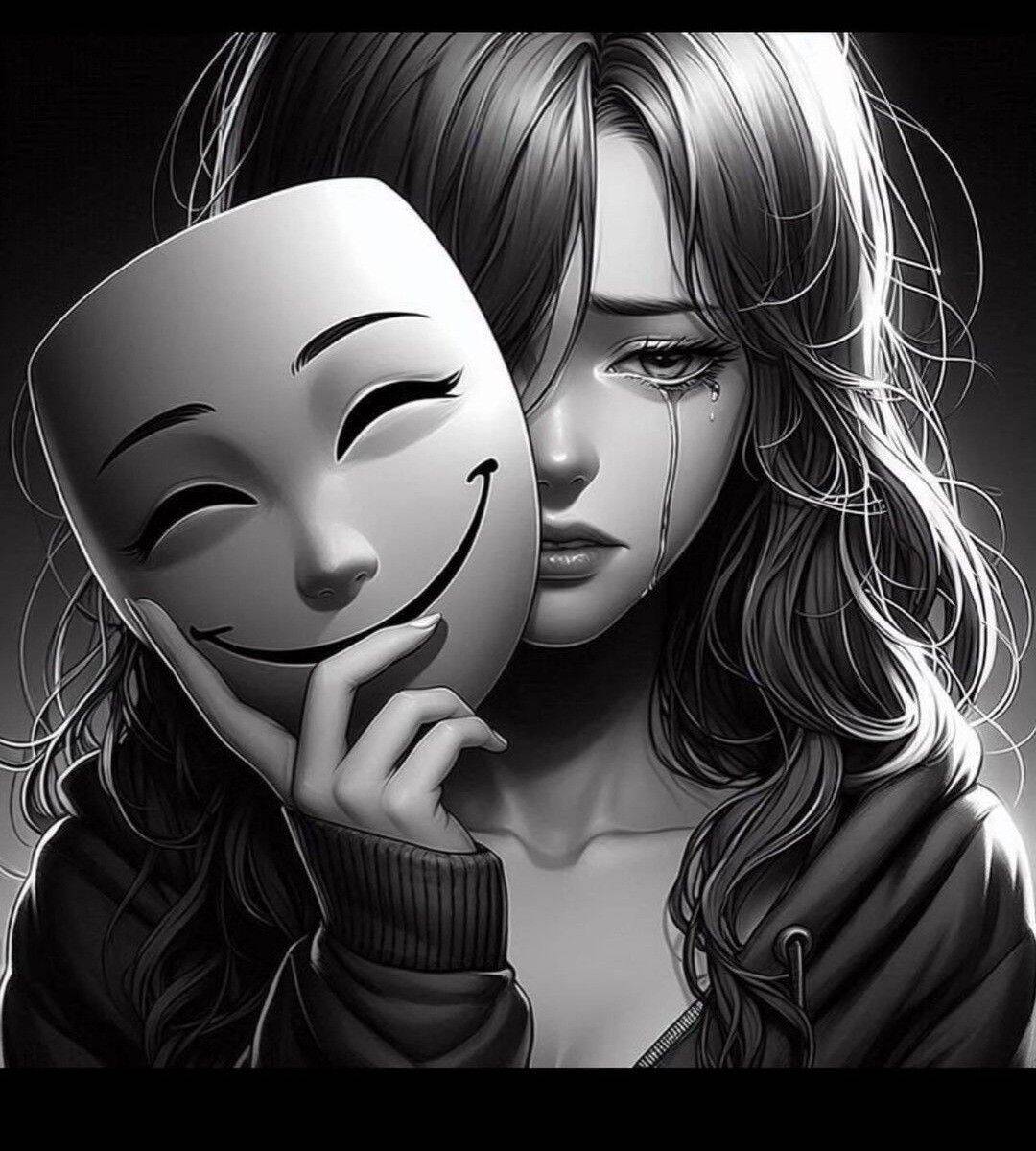 Sad pfp Profile Picture of Woman with Smiling Mask