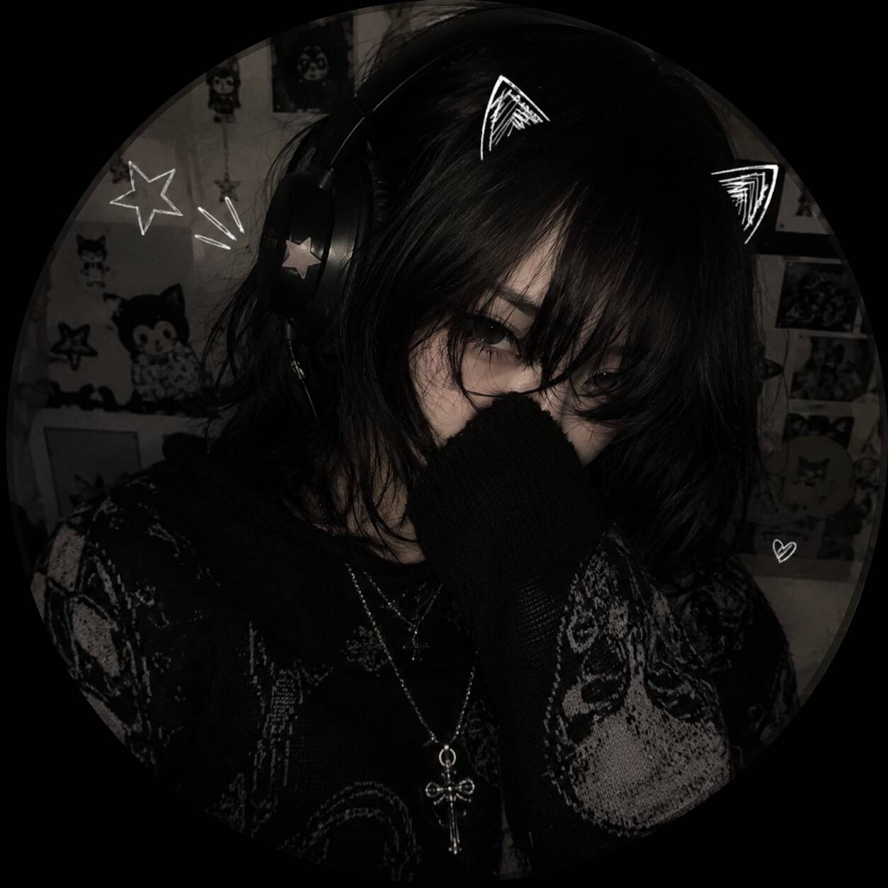 Emo pfp Profile Picture with Headphones and Cat