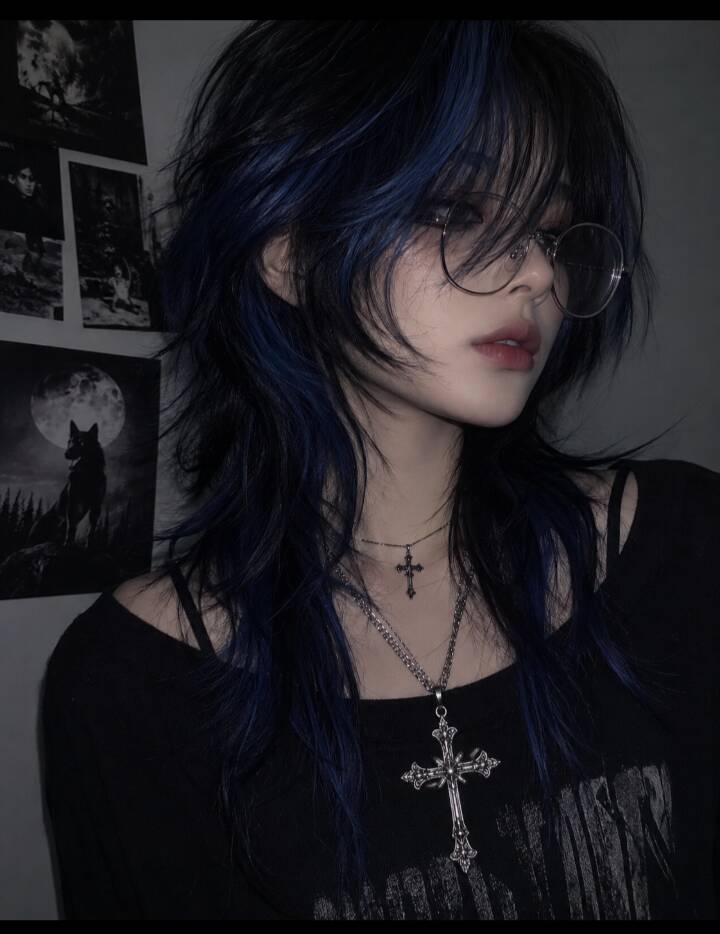 Emo pfp Profile Picture with Blue Hair and Glasses