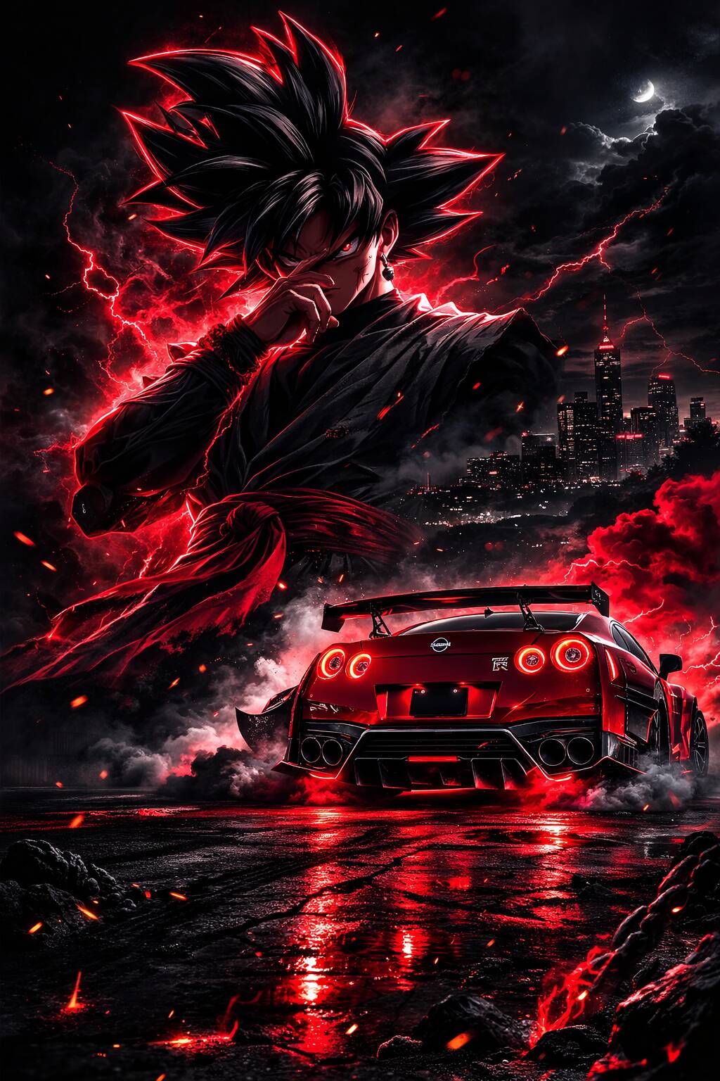 Epic Goku pfp Profile Picture with Red Lightning and Sports Car