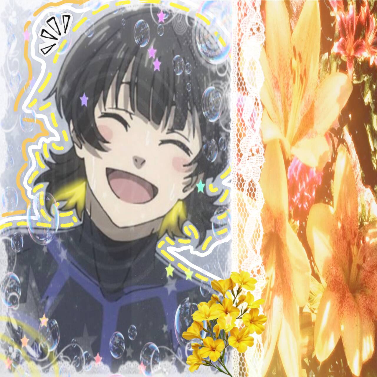 Bachira PFP Profile Picture with Happy Expression and Floral Background