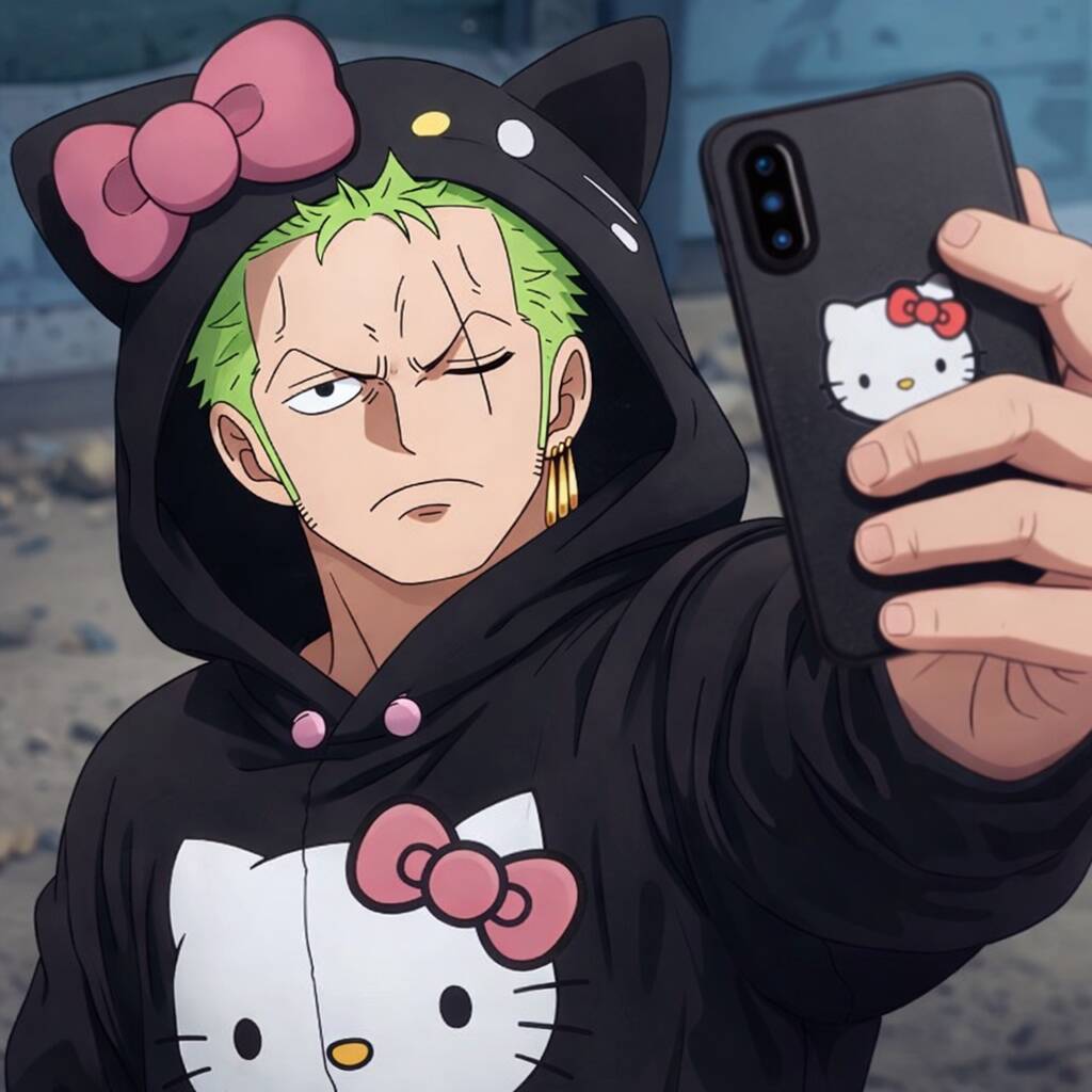 One Piece pfp Profile Picture Zoro in Hello Kitty Hoodie
