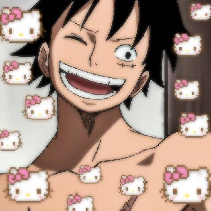 One Piece pfp Profile Picture Luffy Winking with Cute Hello Kitty Background