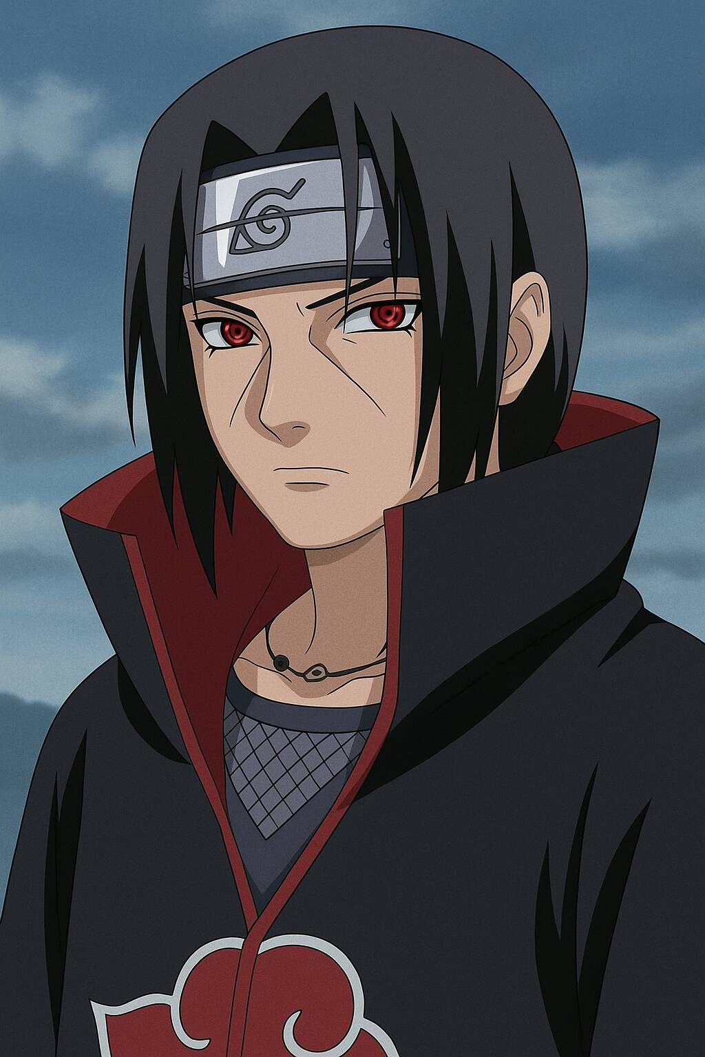 Itachi Uchiha pfp Profile Picture Akatsuki Cloak with Red Sharingan Eyes