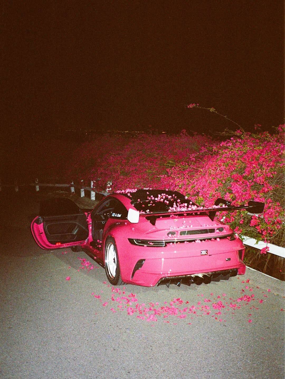 Pink Sports Car pfp Profile Picture with Floral Background
