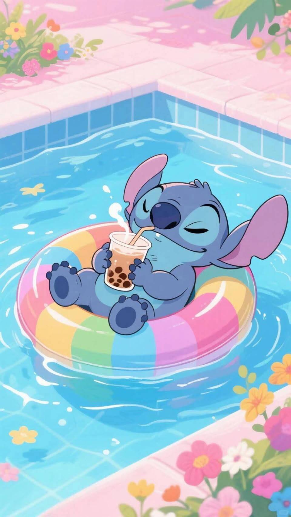 Stitch pfp Profile Picture Relaxing with Bubble Tea in Pool