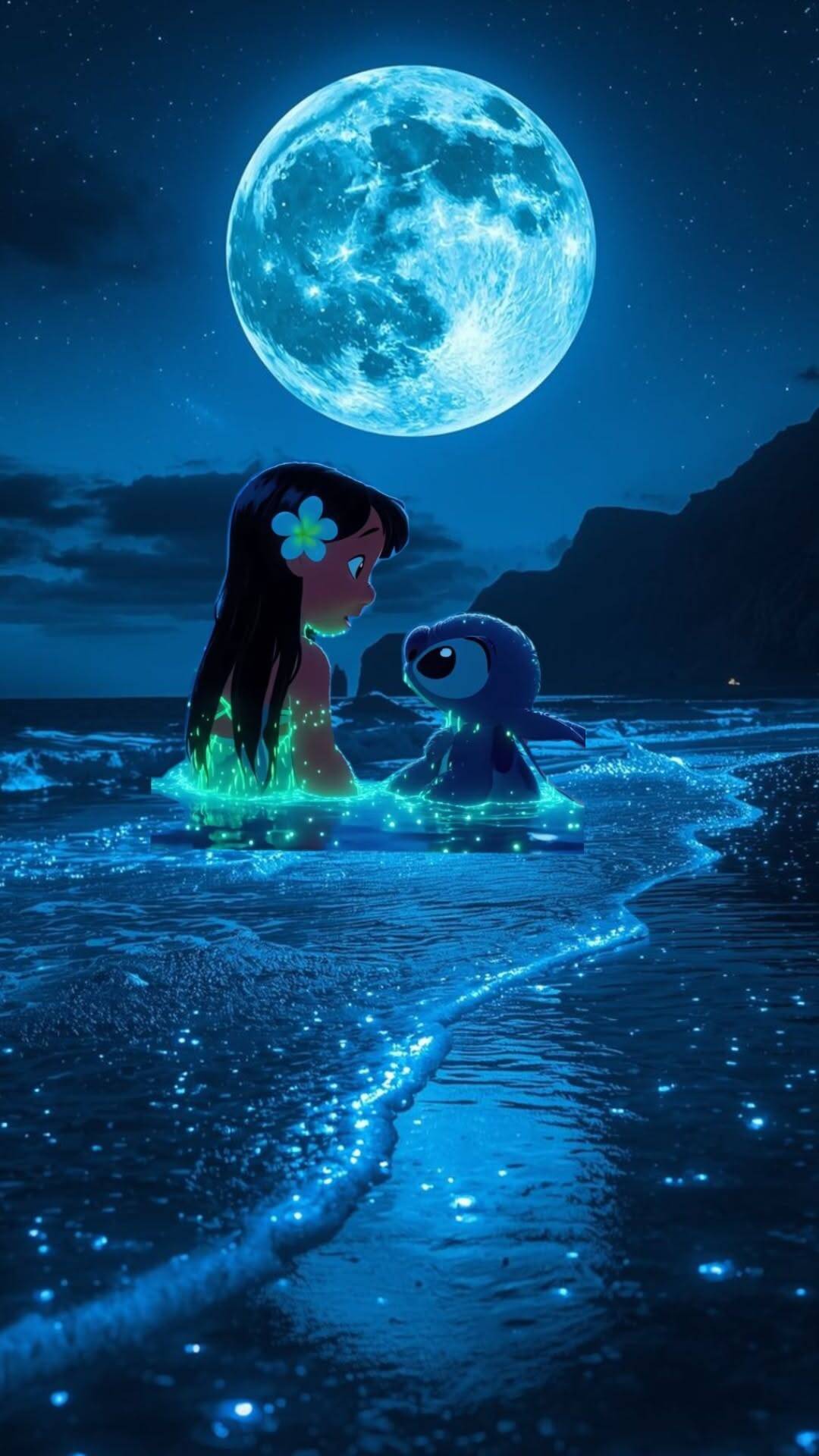 Stitch pfp Profile Picture with Lilo Under Moonlit Beach