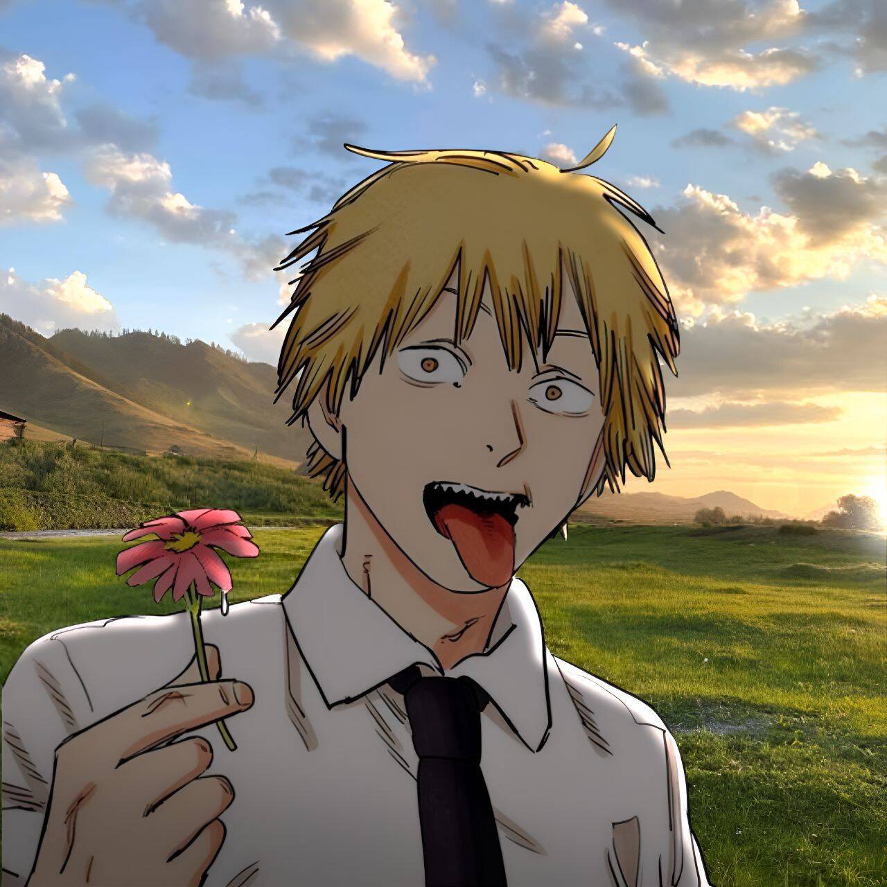 Denji pfp Profile Picture with Flower in Hand