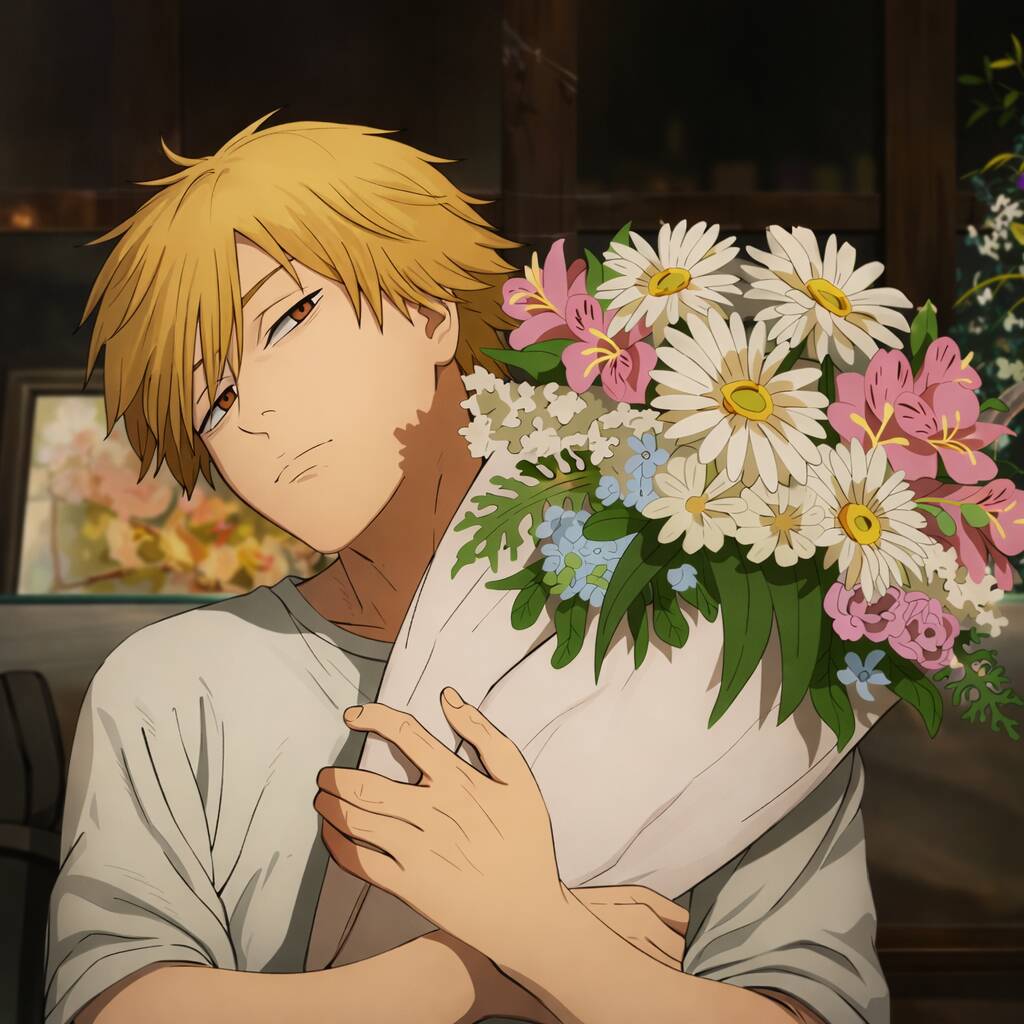 Denji pfp Profile Picture with Flowers and Soft Expression