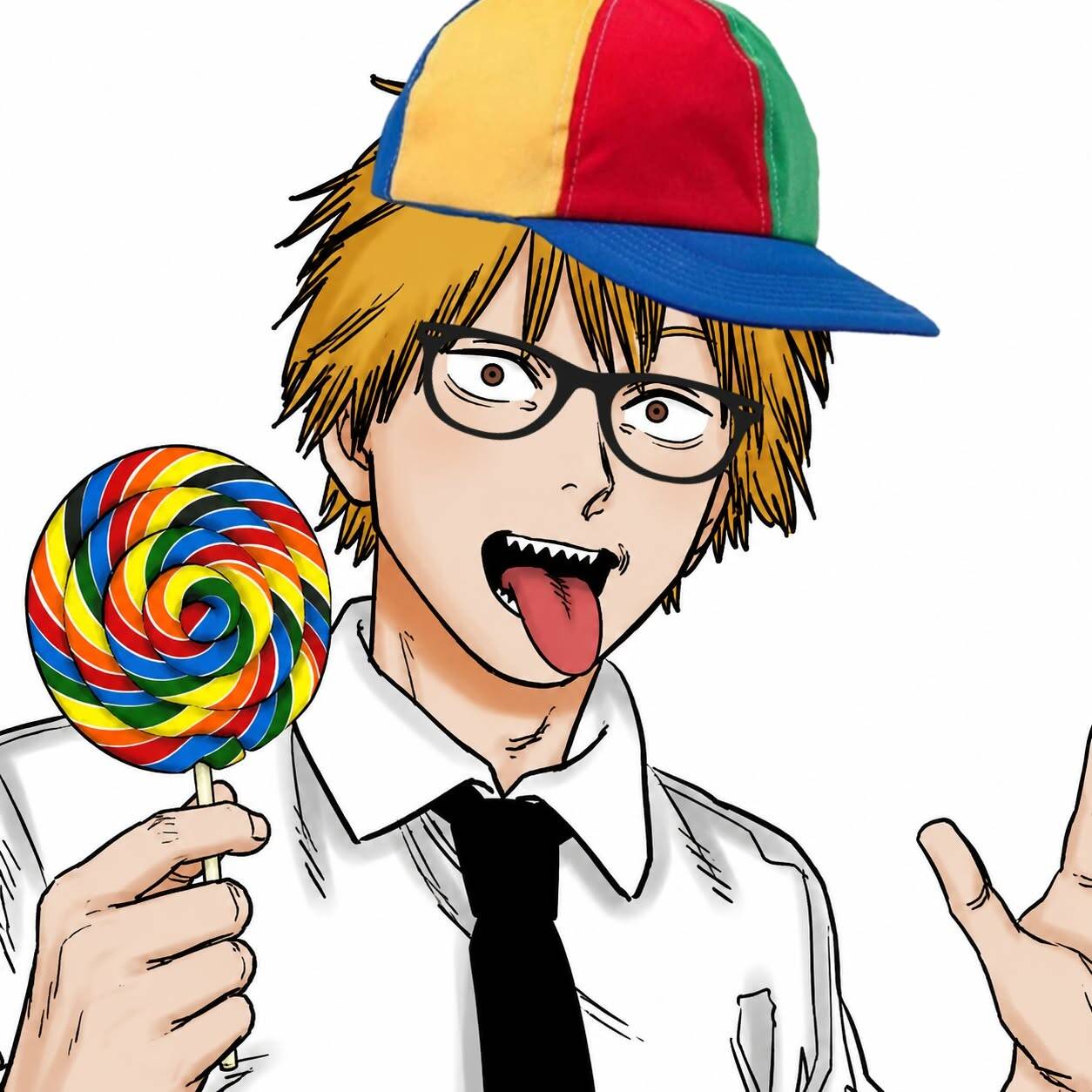 Denji pfp Profile Picture with Colorful Lollipop and Cap