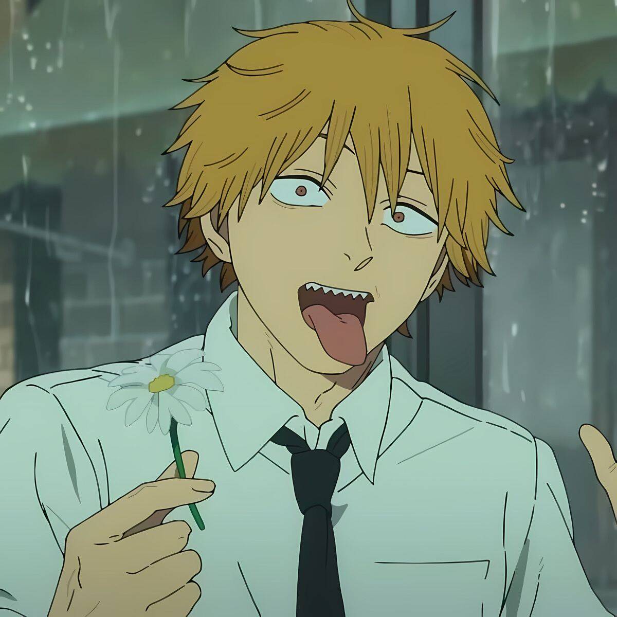 Denji pfp Profile Picture with Flower in Rainy Setting