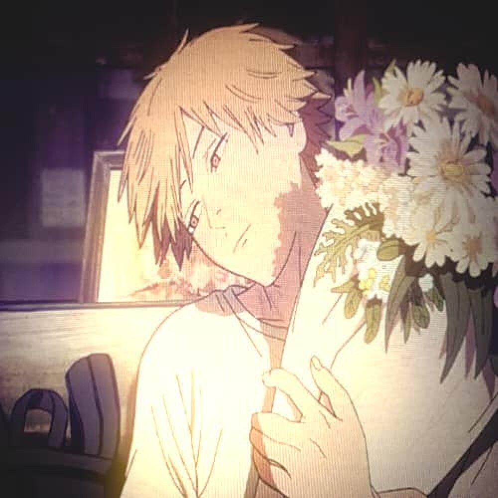 Denji pfp Profile Picture with Flowers and Soft Expression
