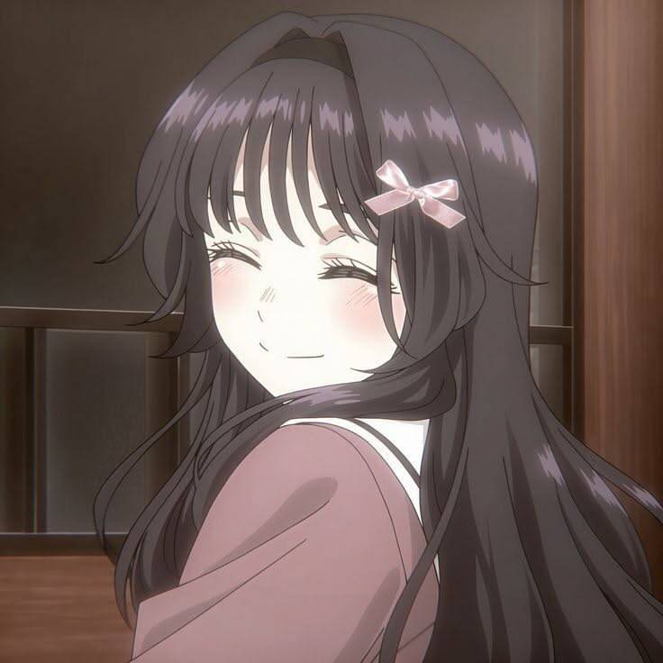 Cute Anime Girl pfp Profile Picture with Long Black Hair and Pink Bow