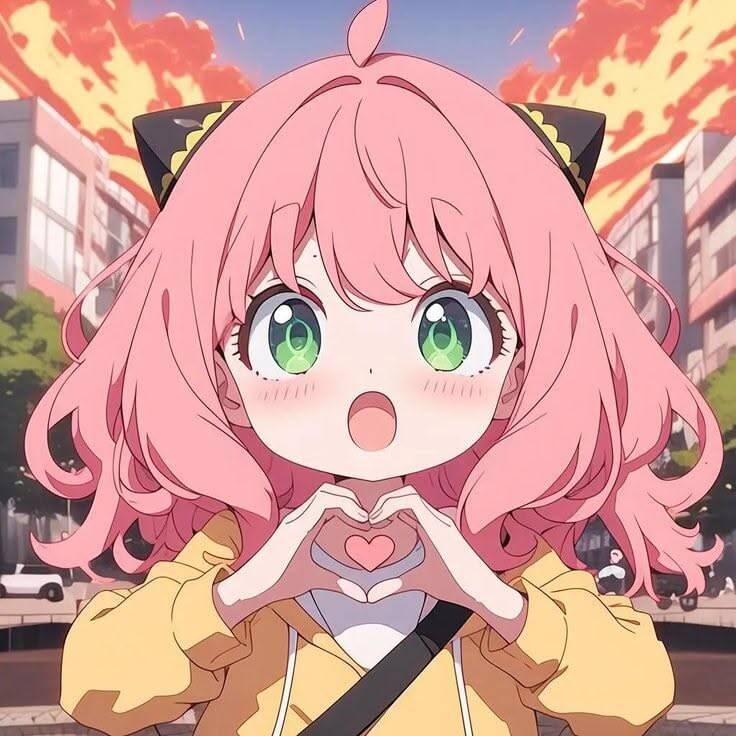 Cute Anime Girl pfp Profile Picture with Pink Hair and Heart Gesture