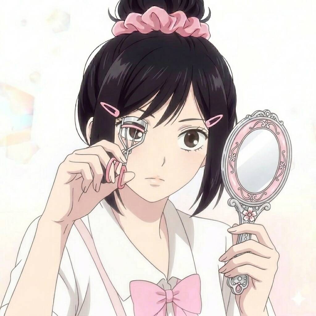 Anime Girl pfp Profile Picture with Hair Curler and Mirror