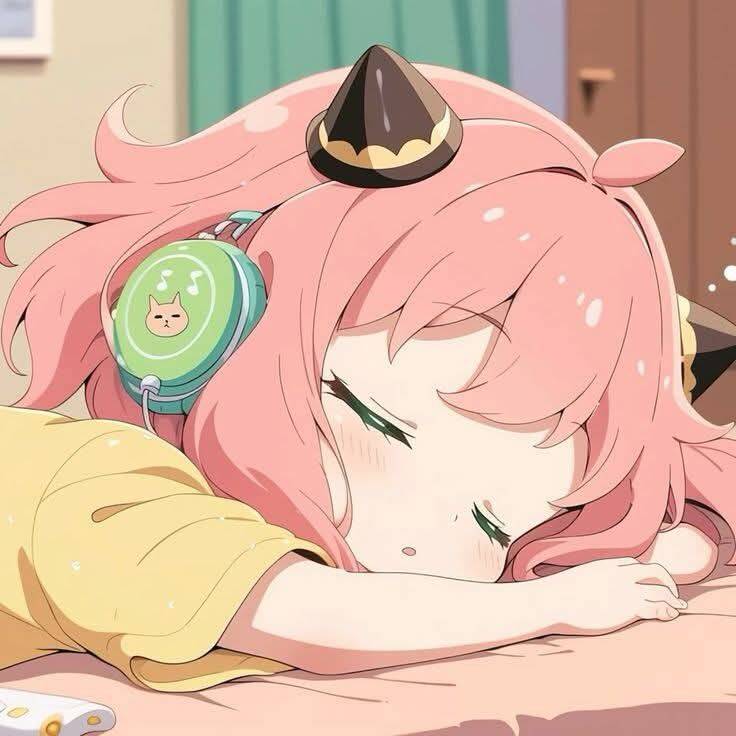 Cute Anime Girl pfp Profile Picture Sleeping with Cat Ears Headphones