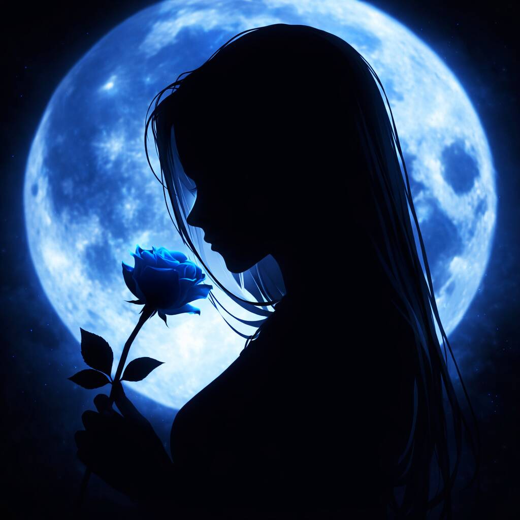 Blue pfp Profile Picture Silhouette Woman Holding Blue Rose Moonlight