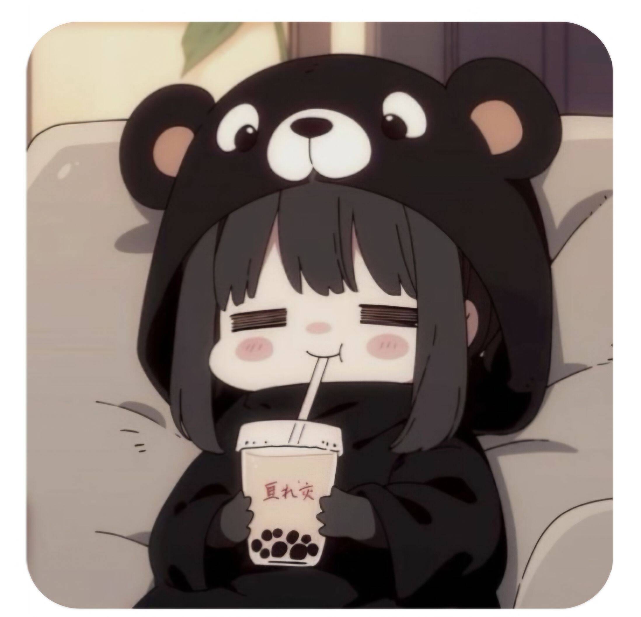 Cute Anime Girl pfp Profile Picture in Bear Hoodie Enjoying Bubble Tea