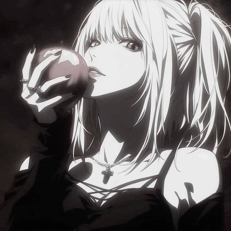 Anime Girl pfp Profile Picture Dark Aesthetic with Apple and Long Hair