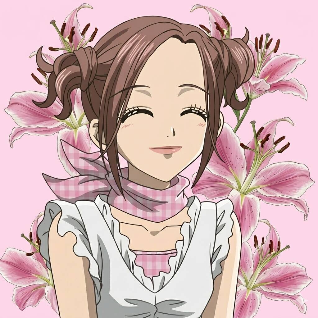 Anime Girl pfp Profile Picture Smiling with Pink Flowers and Scarf