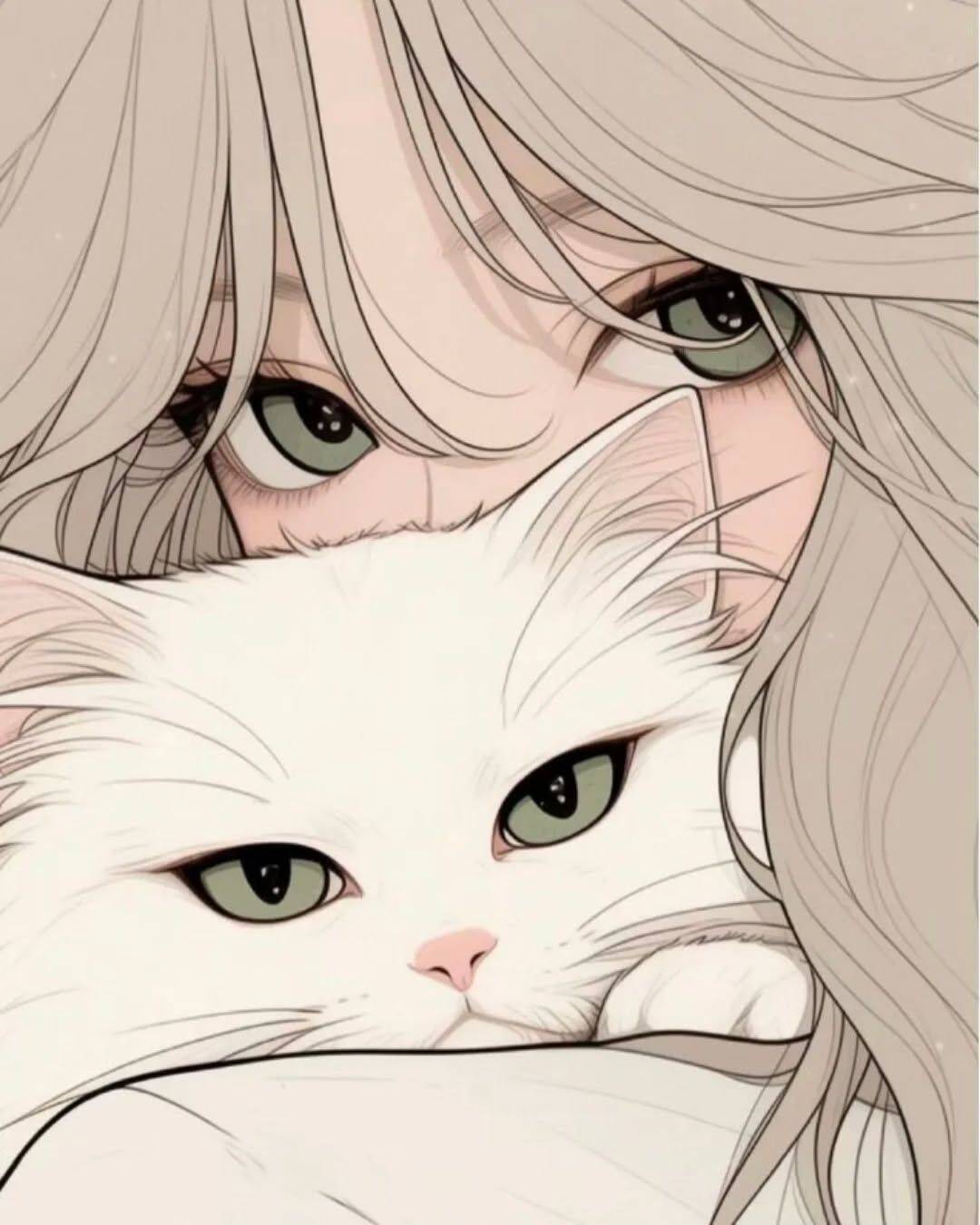 Anime Girl pfp Profile Picture with White Cat and Long Hair