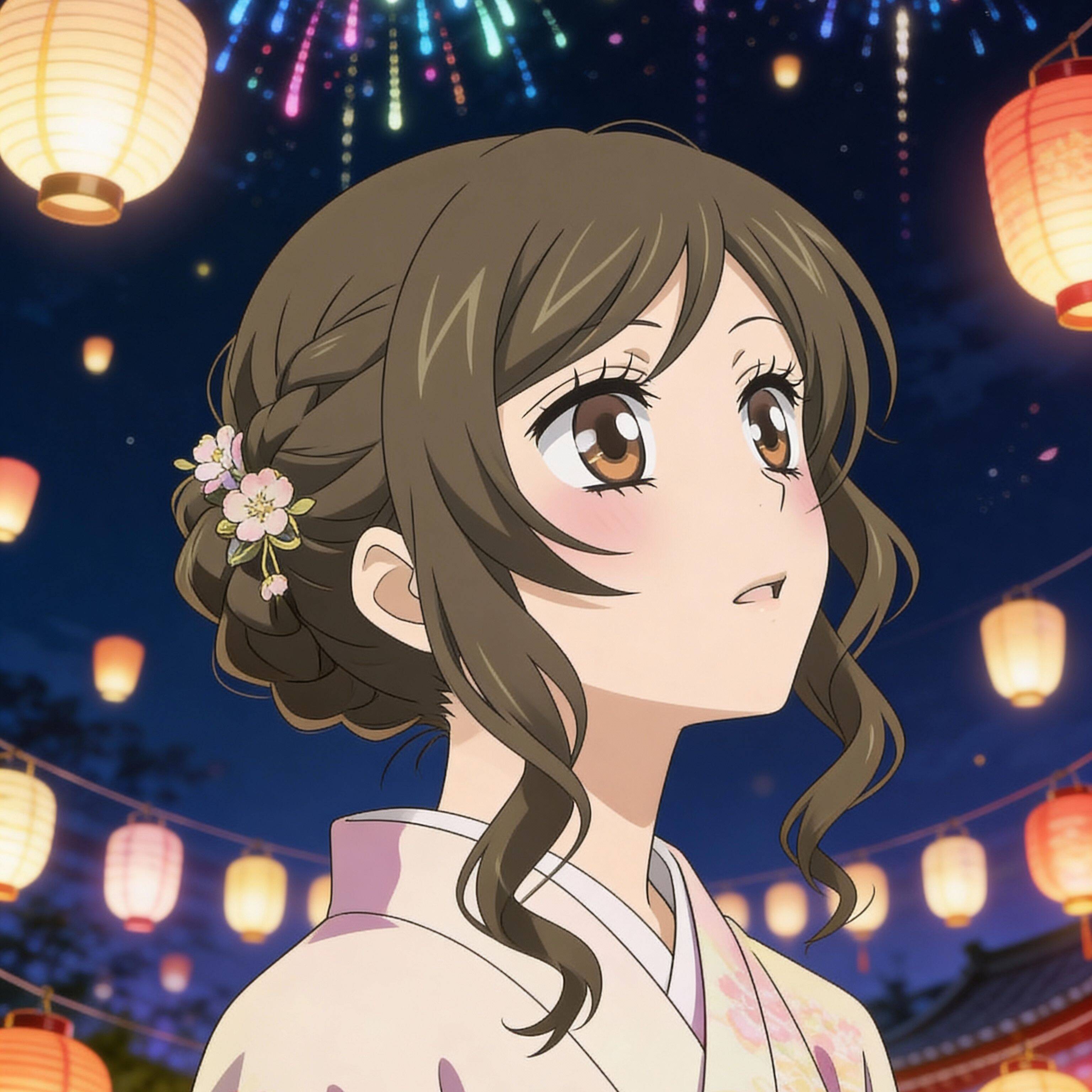 Anime Girl pfp Profile Picture Festival Night with Lanterns and Floral Hair Accessory