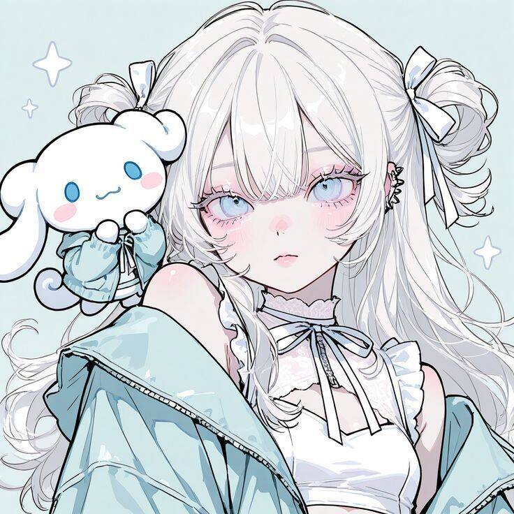 Anime Girl pfp Profile Picture with White Hair and Cute Plush Toy