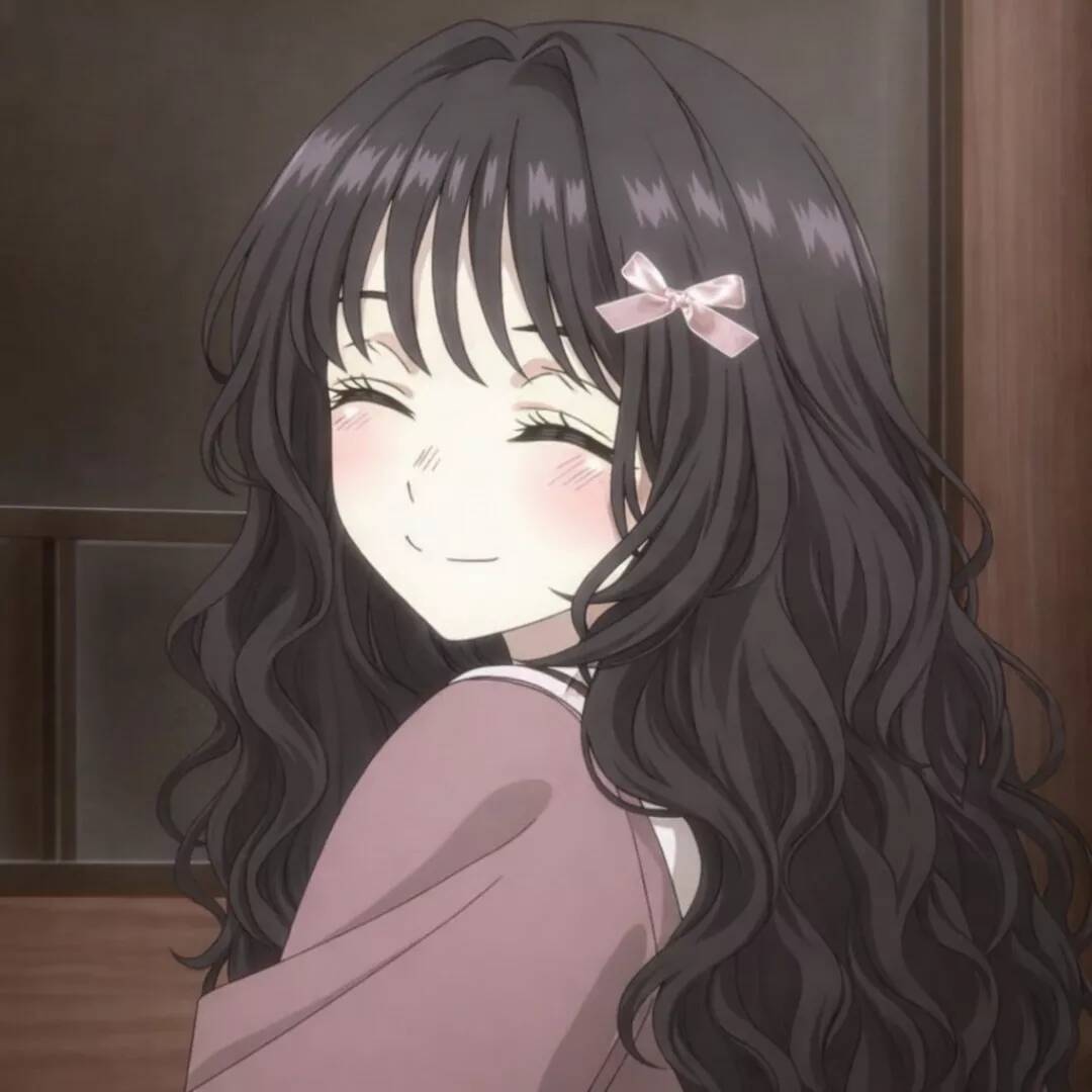Cute Anime Girl pfp Profile Picture with Long Black Hair and Pink Bow